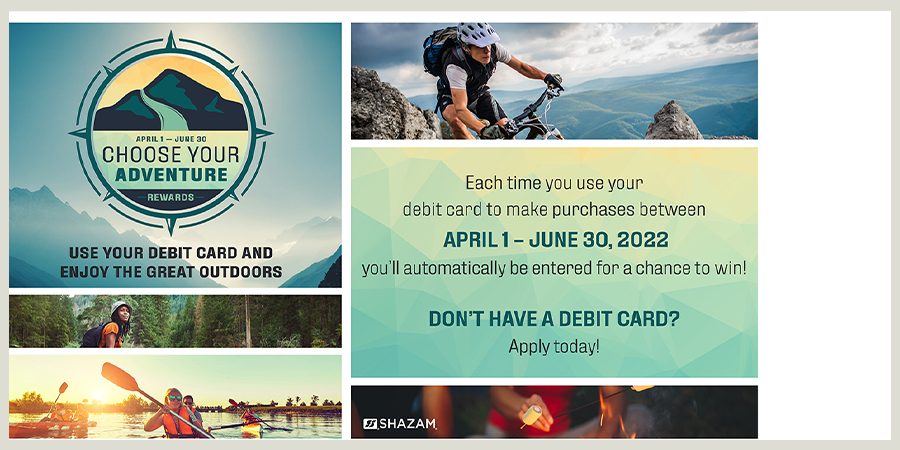 Rock the Rewards. Use your debit card and celebrate the music. Each time you use your debit card to make purchases between April 1 - June 30, 2022 you'll automatically be entered for a chance to win!
